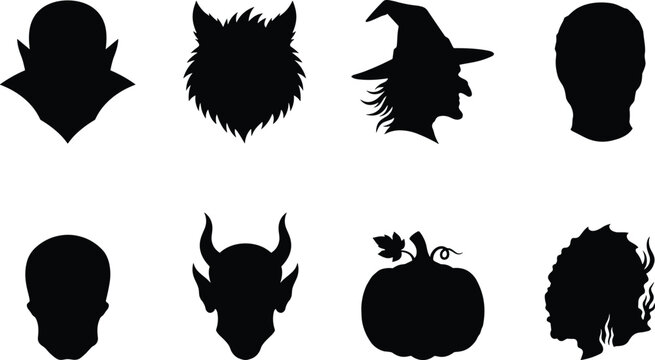 Halloween head silhouettes vector set featuring vampire werewolf witch frankenstein skull horned devil pumpkin and fiery ghost profile icons