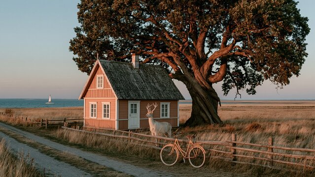 Charming wooden house with a white deer and bicycle in a rural coastal landscape at sunset