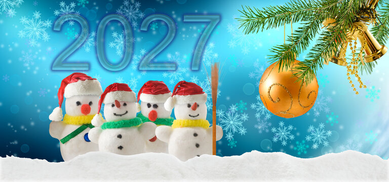 Decorative snowmen with Christmas hats celebrate the arrival of 2027 with winter elements in a festive setting