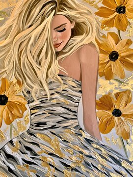 High fashion editorial portrait painting of an extravagant elegant woman beautifully integrated with vibrant colorful flower prints surreal krakelee textuurs and conceptual dream styling
