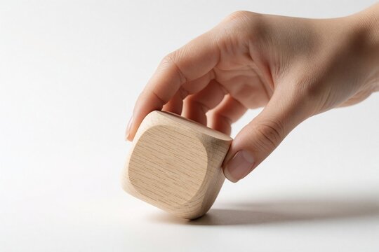 Female hand rotates wooden cube on white background. Woman touches plain timber block for business decision strategy concept. Minimalist object represents choice, risk, planning, management. Concept
