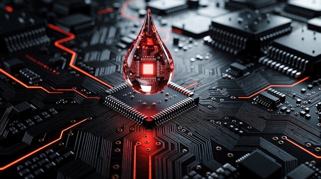 Red glowing blood drop hovers over electronic microchip. Liquid data flows through circuit board pathways. Nanotech, biotech concepts merge to symbolize AI medical tech. Futuristic hardware design
