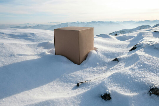 A single brown cardboard delivery box sitting alone in the middle of a vast snowy winter landscape