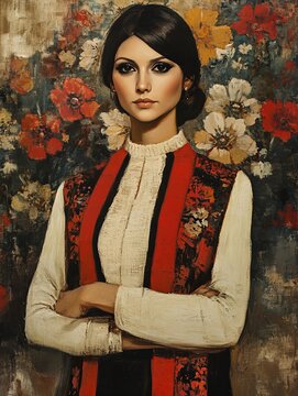 High fashion editorial portrait painting of an extravagant elegant woman beautifully integrated with vibrant colorful flower prints surreal krakelee textuurs and conceptual dream styling