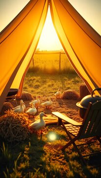 Tent, ducks, hay, grill, chair bathed in golden light, idyllic meadow,  sunny,  wildlife