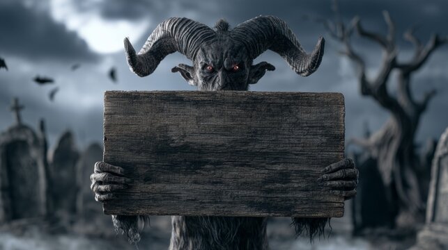 Demon holding an empty wooden sign in a cemetery at night with the moon.