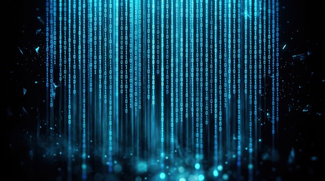 Blue binary code digital rain falling on dark background