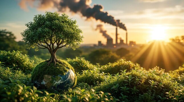 Small green tree grows on miniature earth globe amidst rich vegetation. Industrial factory with black smoke plumes rises in background under sunrise sky. Concept of climate change, ecology balance,