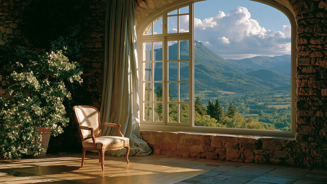 Elegant armchair beside large glass window with curtains overlooking green mountain valley in sunny afternoon