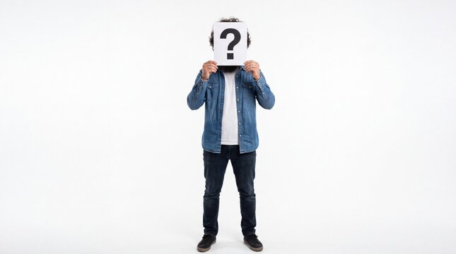 Anonymous man holding question mark sign in front of his face on white background