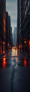Urban artery bathed in amber glow, shadows stretch on rain-kissed asphalt,  yellow line,  urban