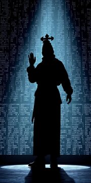 Silhouette immersed in luminous data, a practitioner seeks mastery bathed in stark light,  chiaroscuro,  study