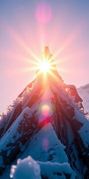 Sunlit pinnacle, frost-kissed, capturing frozen exhilaration,  macro detail,  high-key