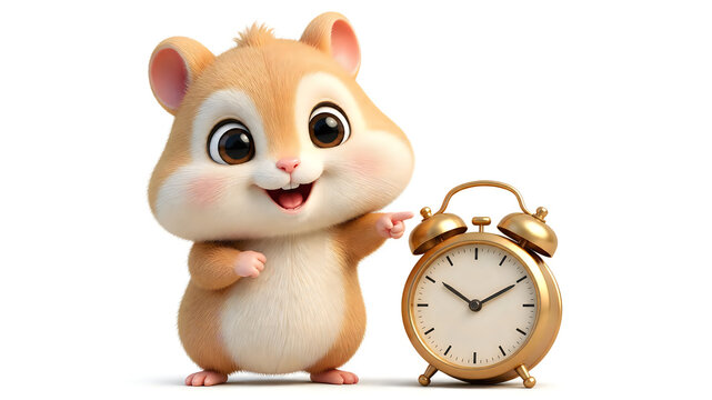 Cute cartoon hamster mascot pointing at a classic golden alarm clock isolated on white