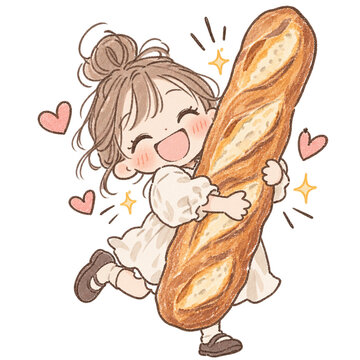 大きなフランスパンを抱える笑顔の女の子 背景透過