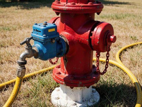Red fire hydrant with blue water tap, yellow hose on dry grass. Metal hydrant system provides water supply in outdoor urban area. Emergency equipment stands on lawn for fire safety, gardening needs