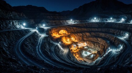 Fototapeta premium Aerial view of huge open pit mine at night. Industrial excavation site with winding roads, bright lights. Heavy machinery, structures work deep in mountain quarry for gemstone diamond extraction.