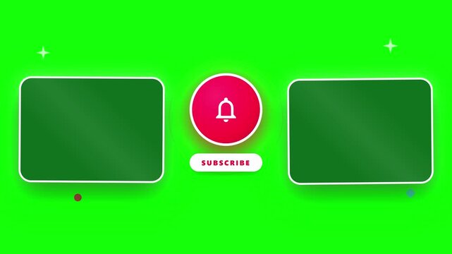 An animated end-screen template featuring a bright green background and two dark green boxes&mdash;one on the right and one on the left&mdash;designed for social media video content, displaying a call to subscrib