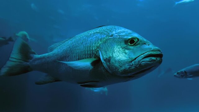 Close-up of a powerful marine fish displaying shimmering blue-green scales and a robust body