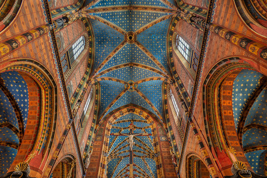 Interior of St. Mary's Basilica with Ornate Gothic Vaulted Ceiling in Krakow, Poland
