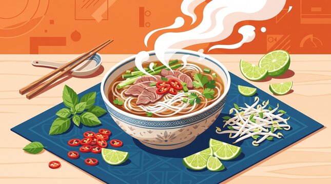 Spicy Vietnamese Beef Pho with Red Chili, Lime, Herbs and Rice Noodles, bold flat design illustration for restaurant menus, food packaging and culinary content.