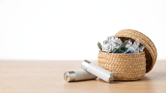 Eco friendly recycling concept with 2aa batteries and electronic waste in a woven basket on wooden table