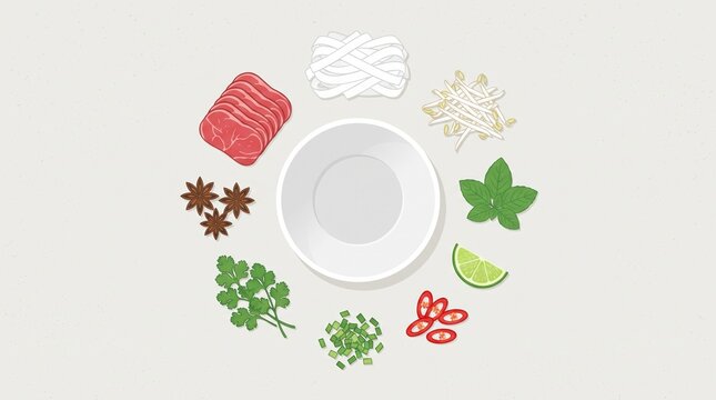Vietnamese Beef Pho Ingredients Arranged Around Serving Bowl, rice noodles, sliced meat, herbs, sprouts, lime and spices in clean flat design illustration.