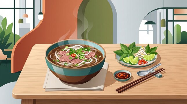 Vietnamese Beef Pho Served in Modern Restaurant Setting, steaming noodle soup with sliced beef, herbs and lime, sophisticated flat vector food illustration.