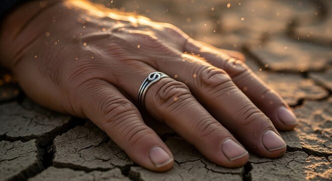 Weathered Hand With Ornate Silver Ring Resting On Severely Cracked Dry Earth Under Warm Golden Hour Lighting With Glowing Dust Particles Floating