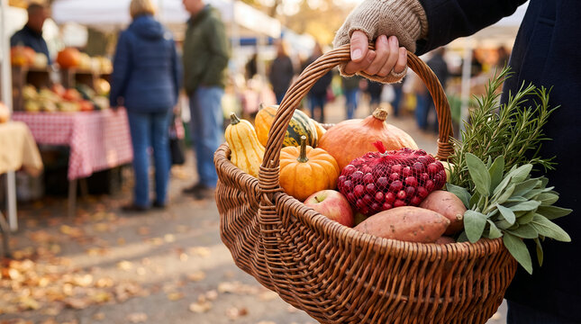Woman holding a basket of fresh produce at a farmers market  