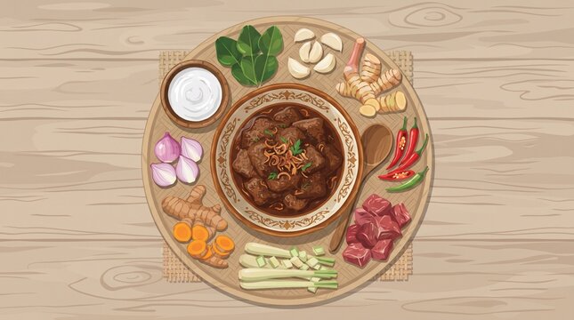 Indonesian Beef Rendang with Traditional Spices and Coconut Ingredients, overhead flat design showing aromatic components used in slow cooking.