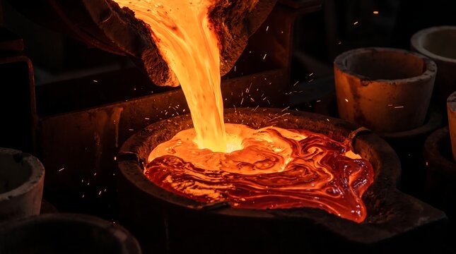 Molten metal pouring into a casting mold, liquid hot steel glowing orange in foundry, industrial metallurgy manufacturing process