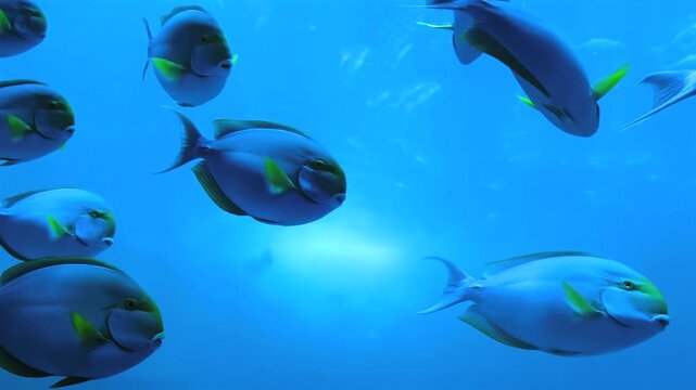 A school of blue surgeonfish swimming gracefully through clear tropical aquarium water
