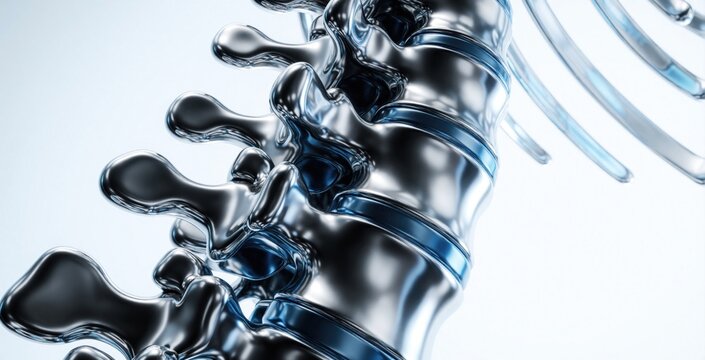 3D render of human spine with metallic liquid texture. Blue chrome vertebrae structure shows anatomical detail in abstract science style. Close up view of spinal column bones using shiny silver