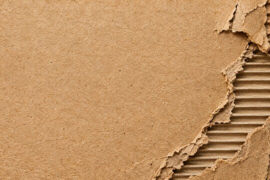 Brown kraft cardboard texture with torn corner revealing corrugated layers, natural paper fibers and sustainable packaging material background for designers