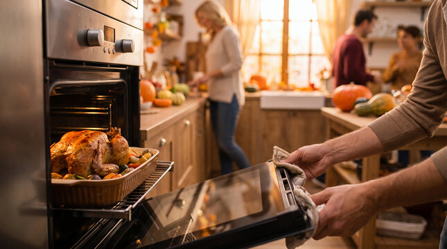 Family preparing Thanksgiving dinner with roasted turkey in oven  