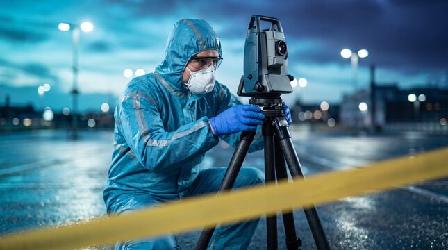 Forensic reconstruction specialist operating optical total station tripod for three dimensional spatial crime scene mapping on damp road asphalt during cold blue hour evening dusk