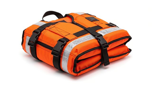 A vibrant orange emergency medical kit secured with durable straps stands isolated on a pristine white backdrop representing healthcare safety and preparedness