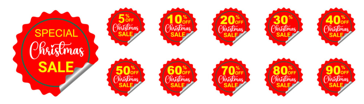 Set of red Christmas sale sticker labels and badges with discount percentage offers from 5 to 90 percent off