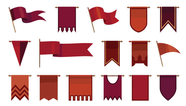 Medieval red flag and pennant vector set featuring royal banners vintage gonfalons shields and hanging kingdom castle ribbon icons