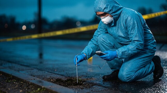 Forensic science technician inserting stainless steel digital thermal penetration probe into damp soil to measure ground temperature at crime scene perimeter during cold blue twilight