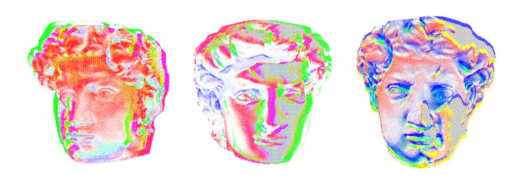 Glitch halftone statue head set: three classical Greek busts with RGB dither and dot screen. Antique marble David sculpture cutout elements, y2k vaporwave collage for print, poster and sticker