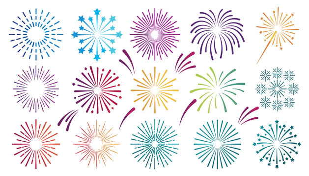 Colorful firework burst vector set featuring explosion sparks starbursts and celebration firecracker line elements for holidays