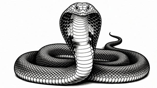 Black, white ink drawing of cobra snake. Reptile coils on white background with flared hood, sharp fangs. Dangerous predator in defensive pose. Detailed scale pattern art for wild animal concept