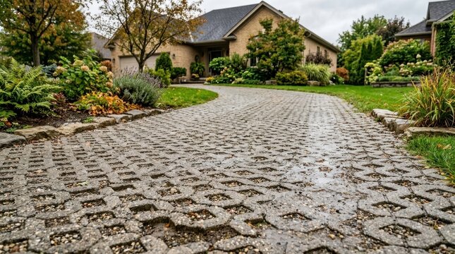 A residential driveway paved with interlocking permeable stone pavers leading to a suburban house with lush landscaping