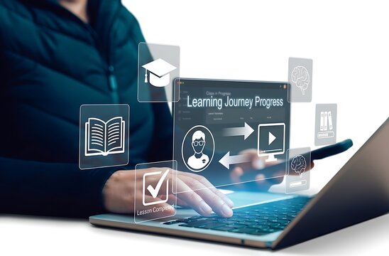 Student monitoring learning journey progress on interactive digital screen with laptop.
