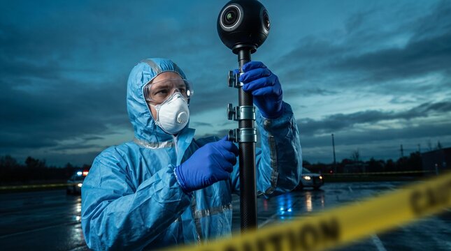 Forensic photographer hoisting carbon fiber telescopic mast with spherical 360 panoramic camera to document spatial layout at outdoor crime scene perimeter during cold blue hour twilight