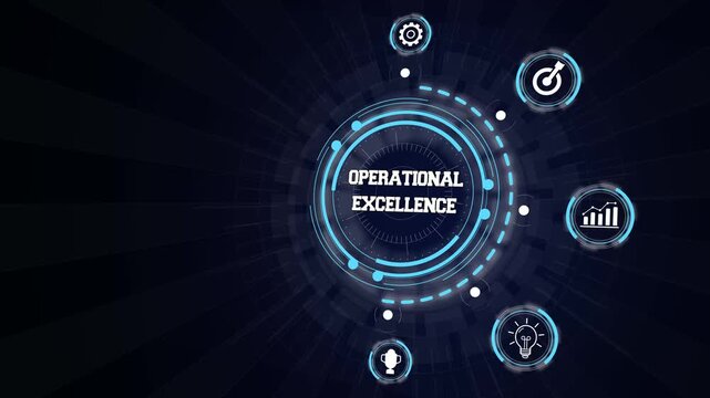 Digital HUD dashboard highlighting operational excellence principles for corporate efficiency and process optimization