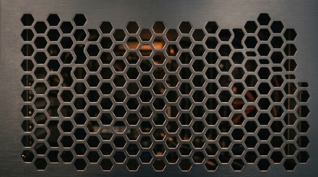 Close-up of a metallic hexagonal mesh grate with a warm, textured background