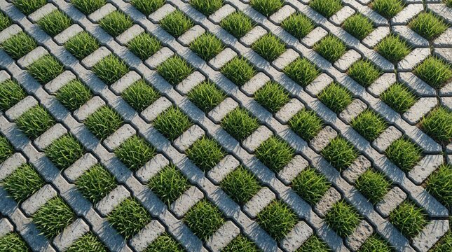 Top view of permeable concrete pavers with green grass growing in gaps. Eco friendly paving stones create sustainable urban surface for water drainage. Modern landscaping pattern for garden path,